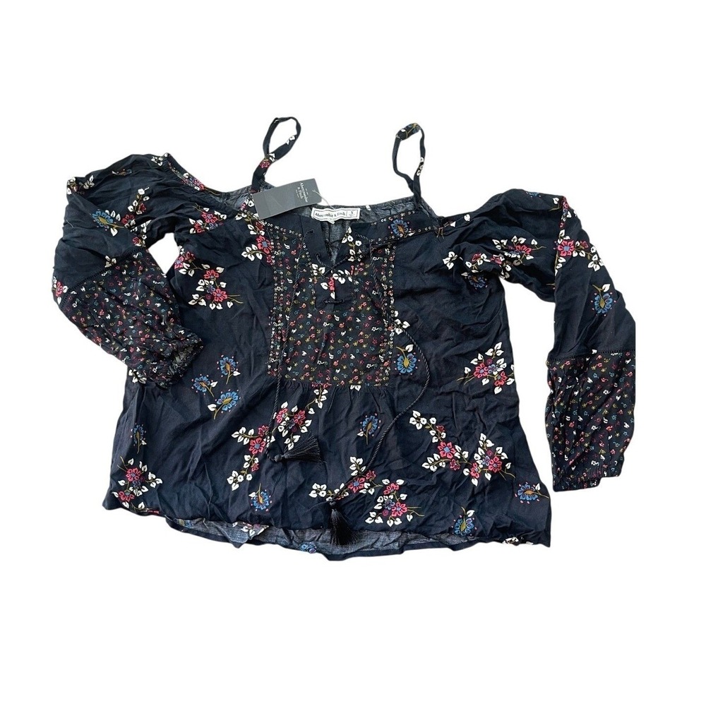 NWT Abercrombie & Fitch Floral Cold Shoulder Boho Tassel Blouse Navy Size Small - Picture 3 of 7
